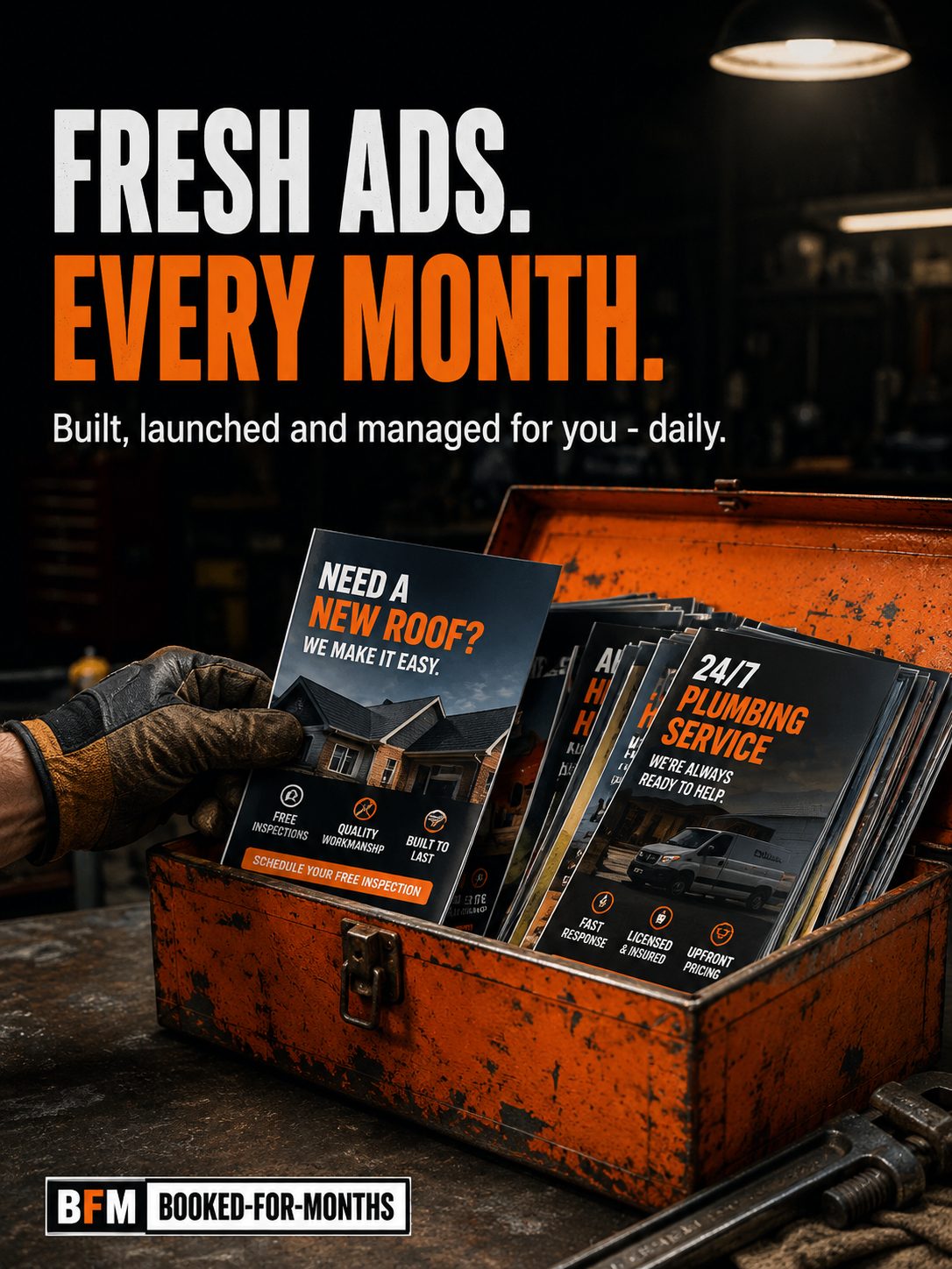 "Fresh ads. Every month.", a BFM ad built by our own studio engine